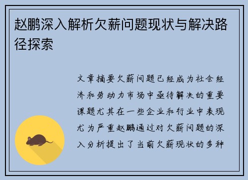 赵鹏深入解析欠薪问题现状与解决路径探索